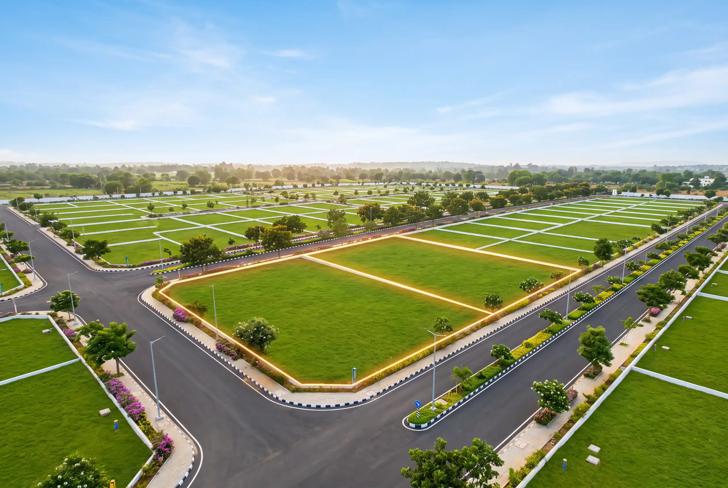Aerial view of the clubhouse and open spaces