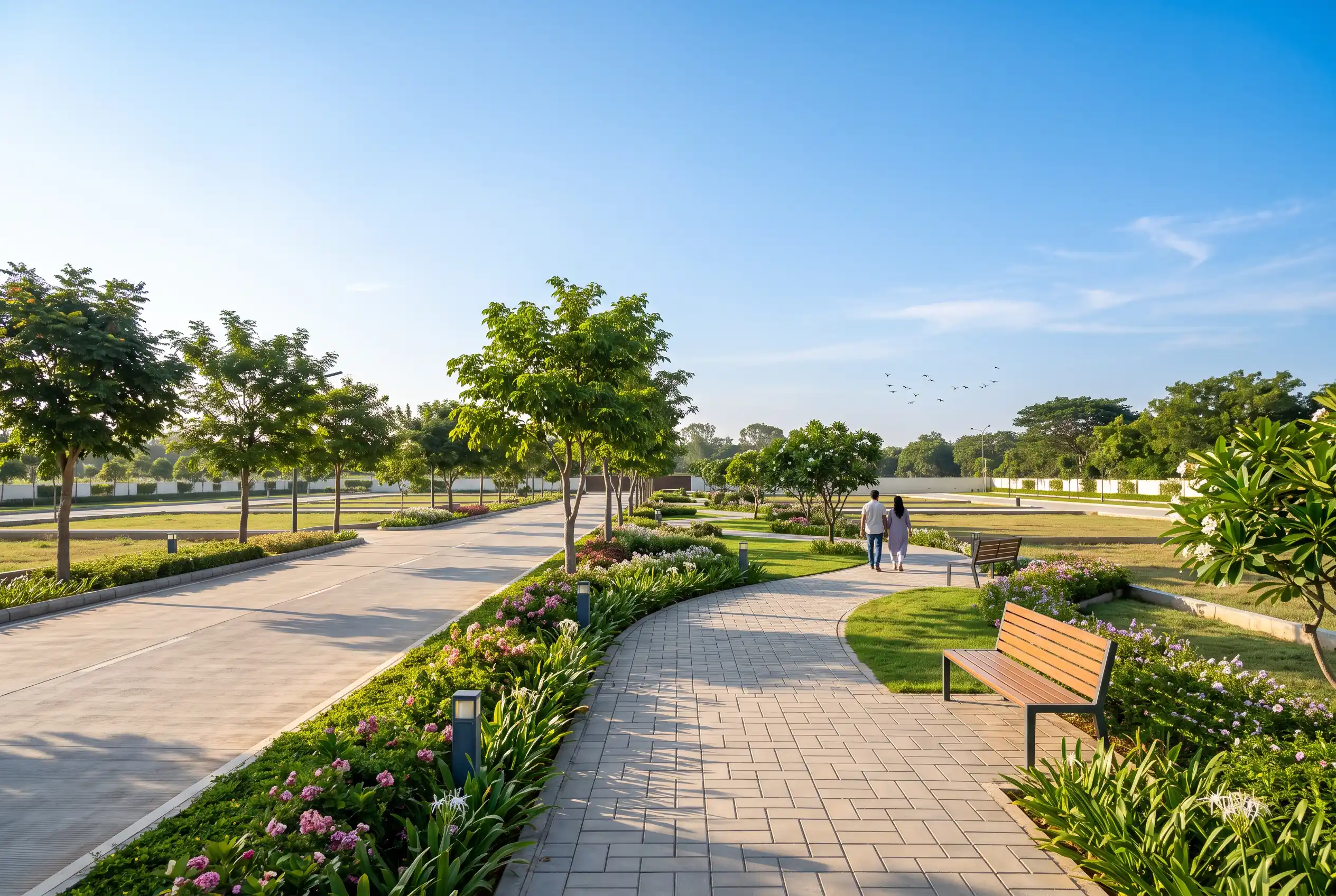 Residents in the landscaped open spaces