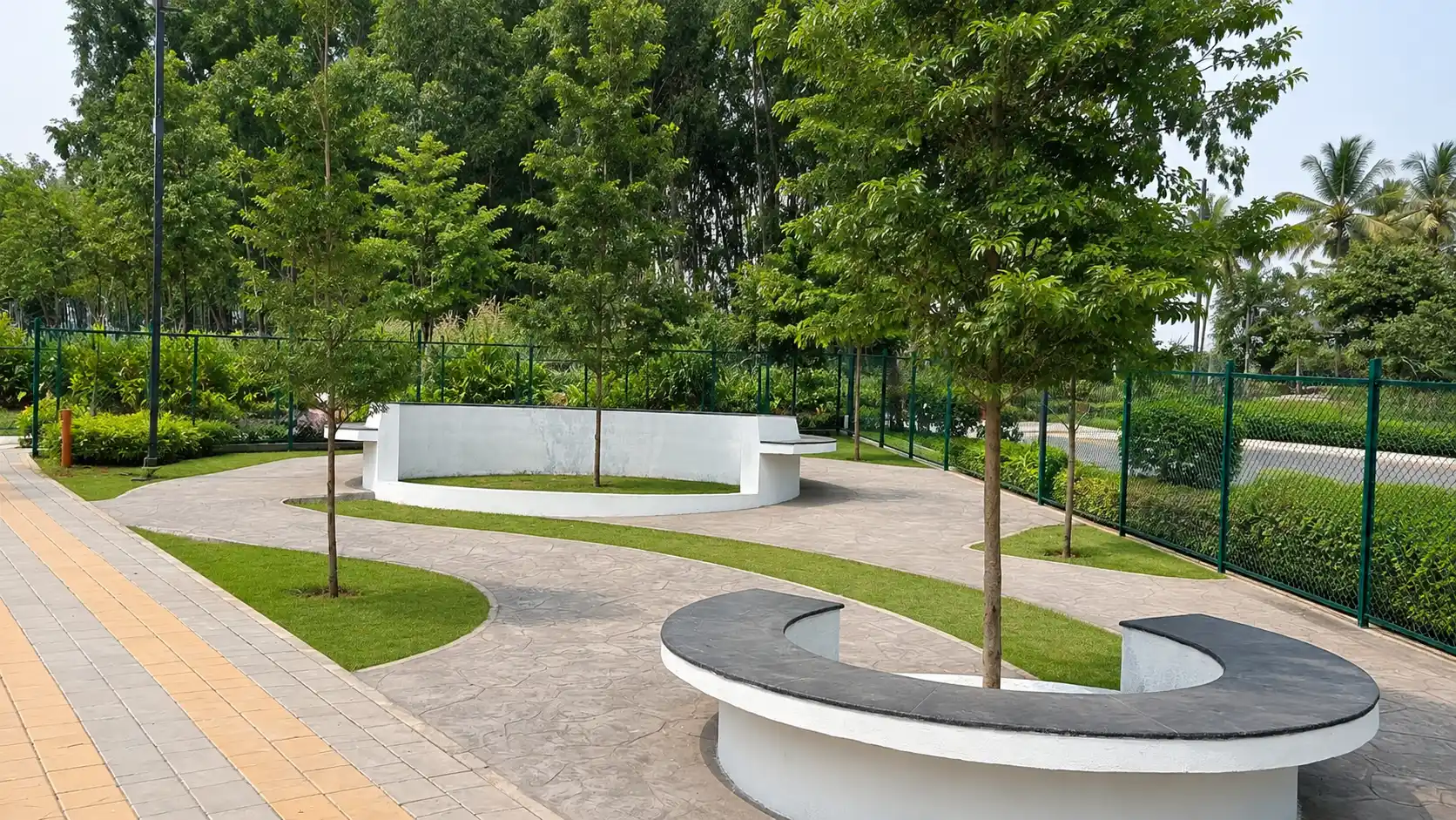 Shaded seating area in the park