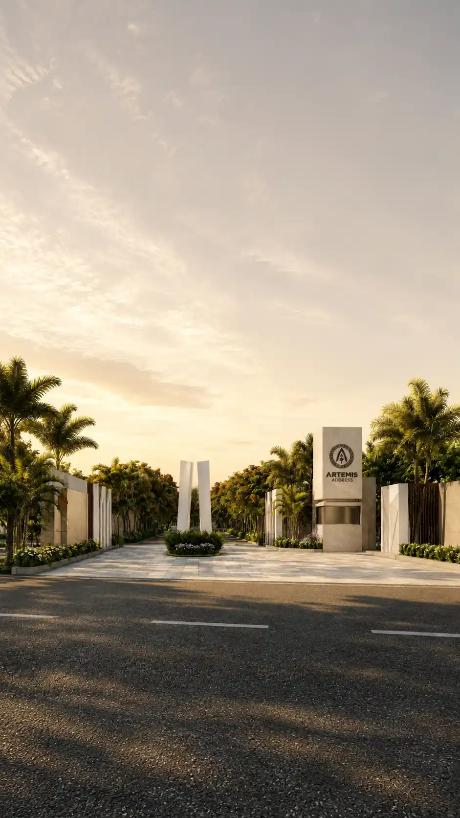 The entrance gate at Artemis Address, on its palm-lined boulevard at sunset